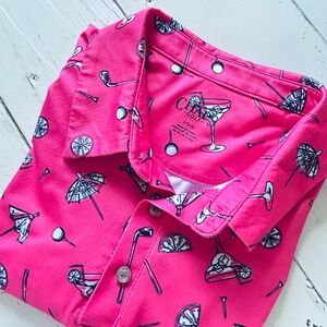 CHAPS Golf Polo Shirt Mens Large L/G Pink Martini Cocktail Golf Clubs‎ Print